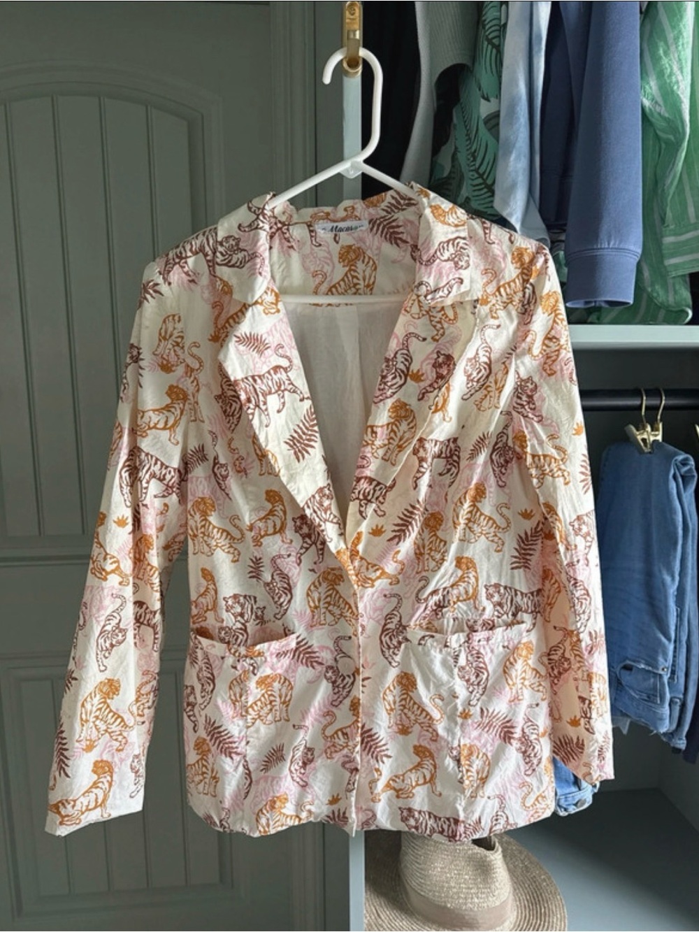 Macaron Printed Cotton-Blend Blazer Jacket in Cream with Multicolor Tiger Print